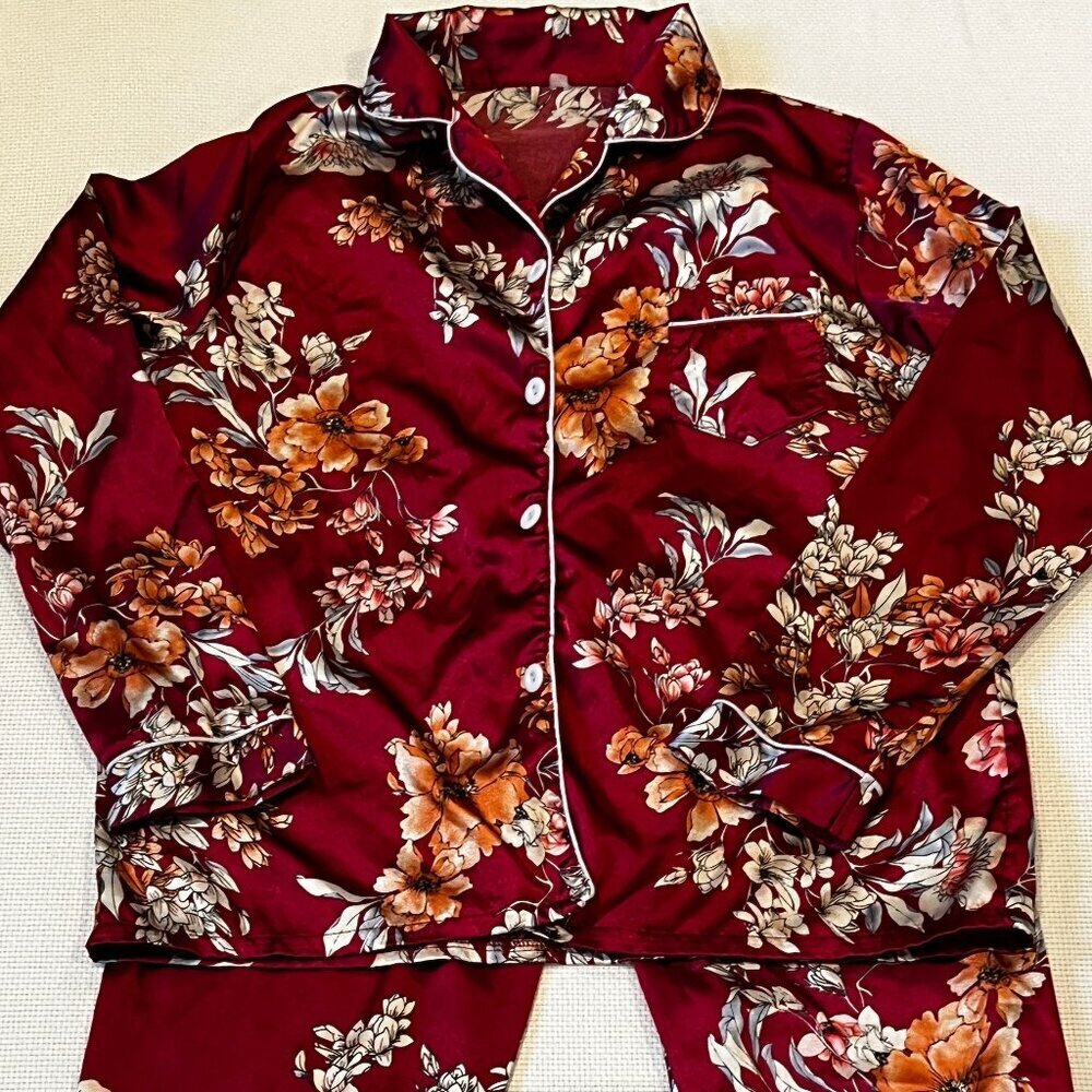 Burgundy Floral Satin Pajama Set Long Sleeve‎ Button Down Top & Pants Women L